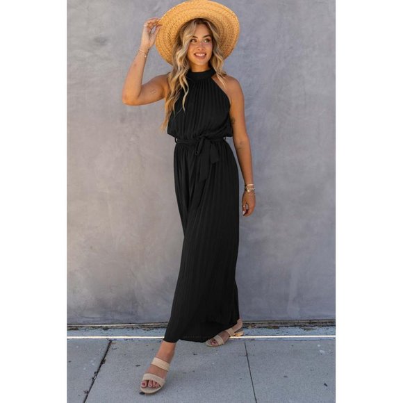 Azura Exchange Pleated Wide Leg Jumpsuit with Belt - Picture 3 of 4